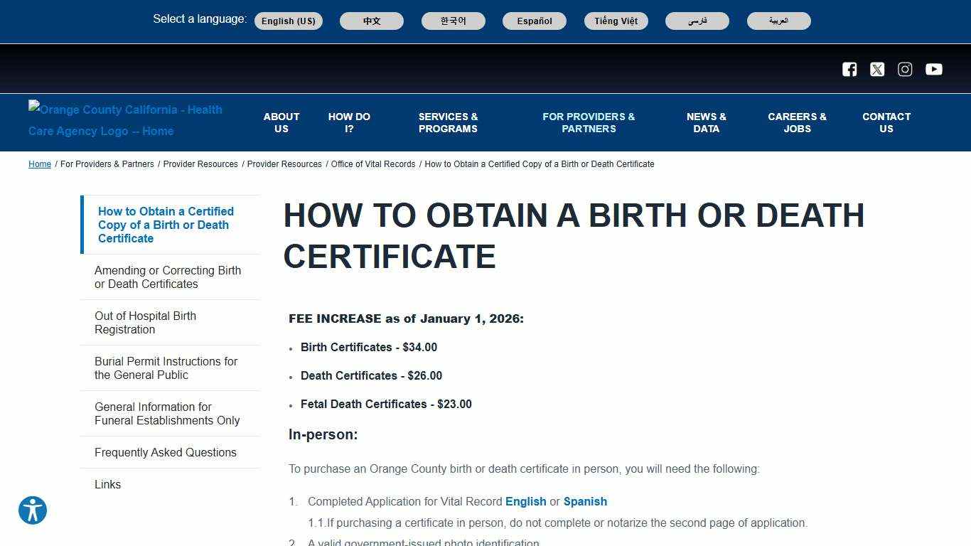 How to Obtain a Birth or Death Certificate | Orange County California - Health Care Agency