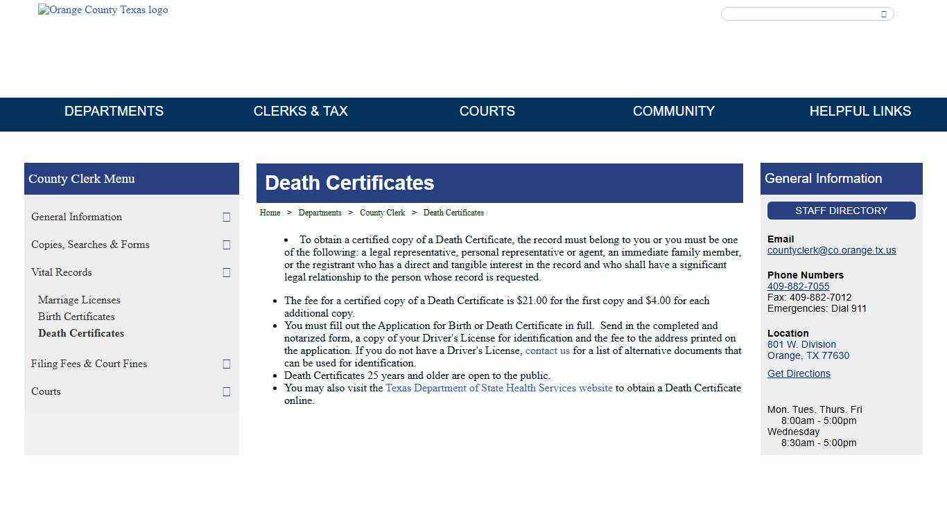 Welcome to the Official Website of Orange County, Texas - Death Certificates